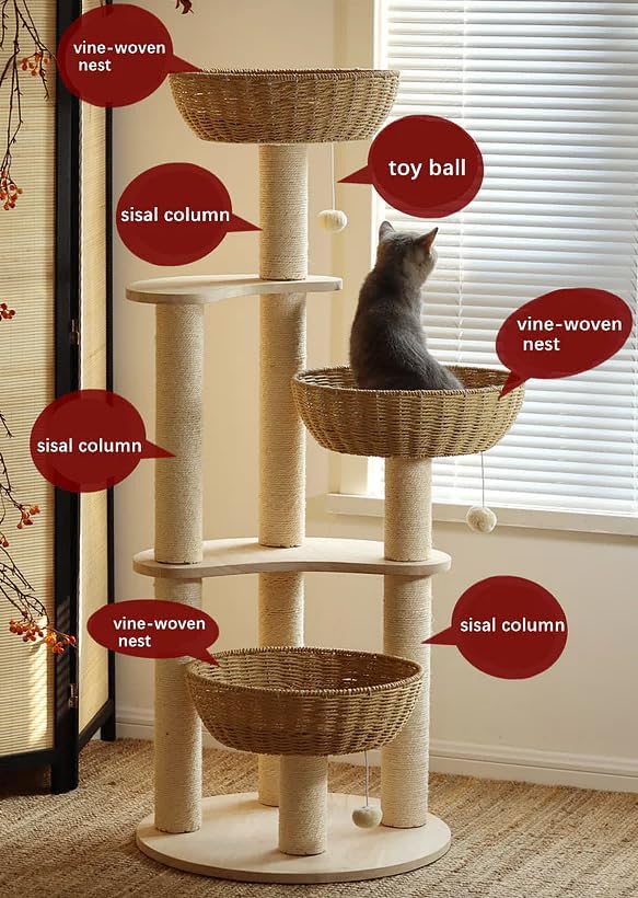 54" Large Modern Cat Trees, Luxury Rattan Oak Solid Wood Cat Trees Towers，3 Weaving Cat Nests & Washable Cool Cushions, Sisal Scratching Posts,Cat Condo for Indoor Cats- Wood Wax Oil Version