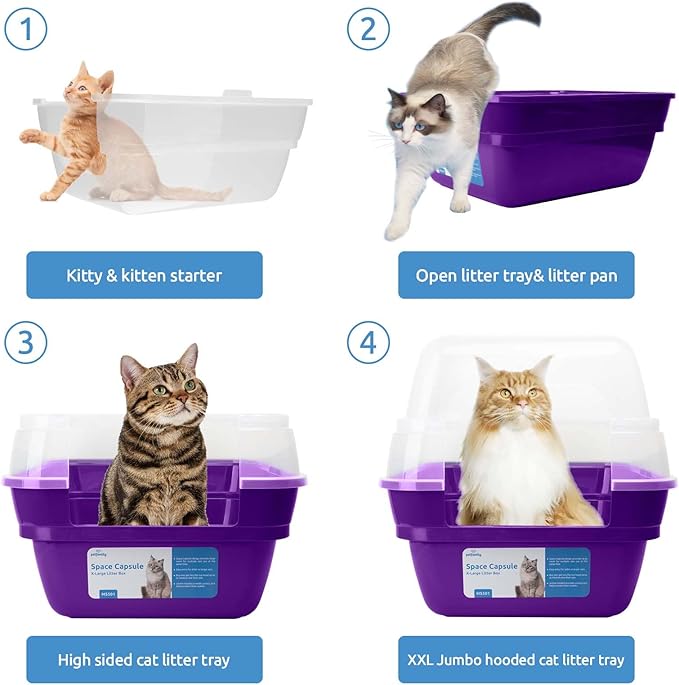 Petfamily Cat Litter Box, Large Foldable Jumbo Hooded Cat Litter Box with Transparent Lid (Purple)