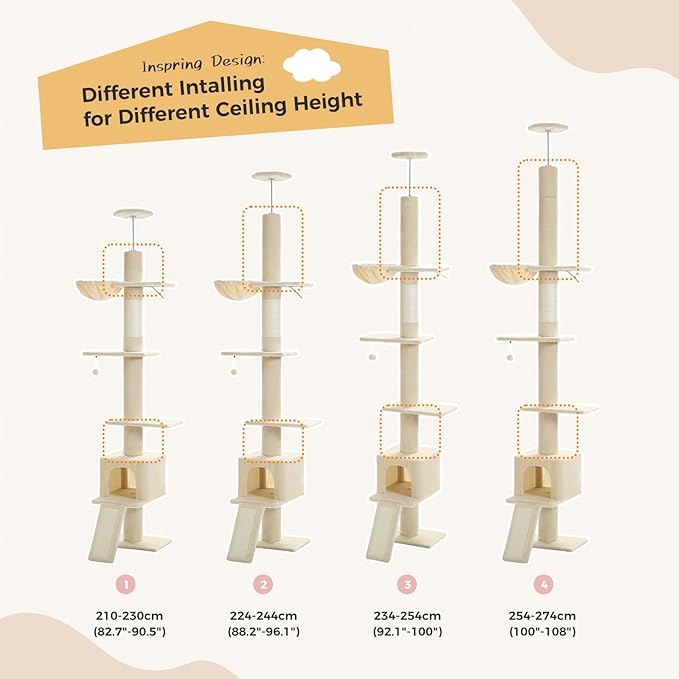 PEQULTI Floor to Ceiling Cat Tree, Tall Cat Tower, Adjustable Height (83''-108'') 5 Levels Climbing Tree for Indoor Cats with Cat Condo, Cozy Hammock and Scratching Post, Beige