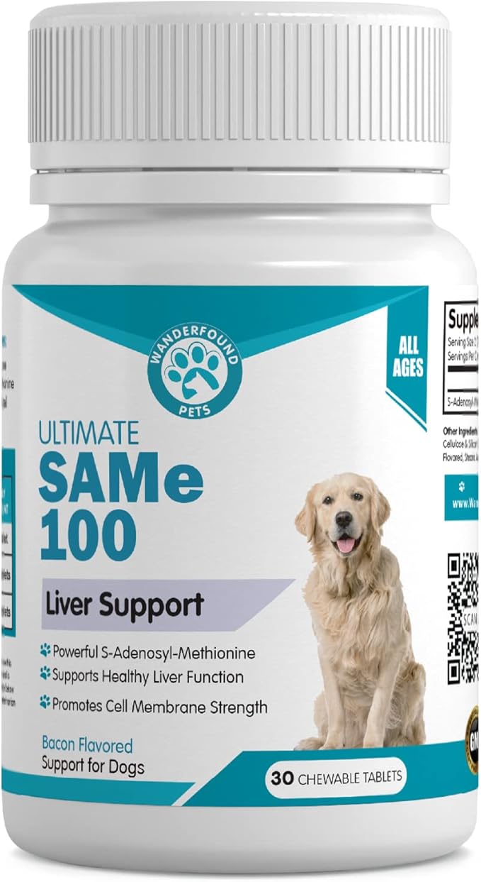 Wanderfound Pets Same 100 Liver Support for Dogs - Same S-Adenosyl-L-Methionine Hepatic Supplement for Liver & Brain Support - Bacon Flavored Sam E, Manufactured in The USA - 30 Chewable Tablets