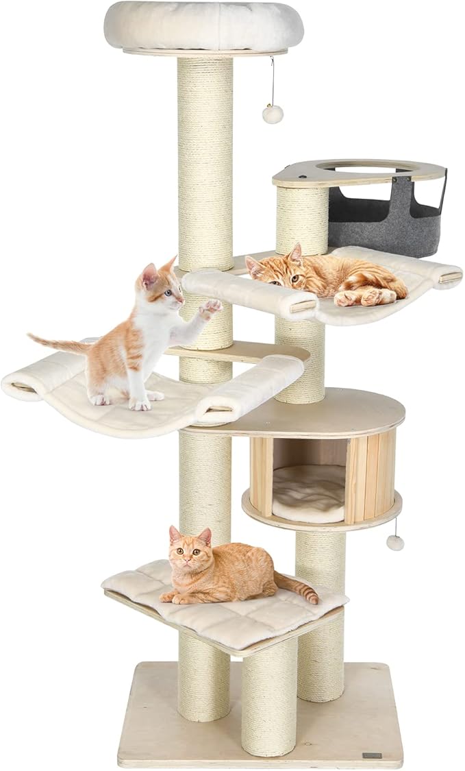 PETSITE 77.5" Tall Cat Tree, Multi-Level Modern Cat Tower with Sisal Scratching Posts, Top Perch, Cat Condo, Hammocks, Hanging Basket, and Jingling Balls, Cat Tree Tower for Indoor Cats Large Adult
