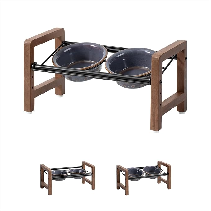 5.5inch Ceramic Adjustable Raised Double Bowls Set with Stand, 3 Heights Elevated, 2 Placement Options, Food and Water Dishes for Puppy, Cats（Double Bowls+Stand, Reactived Glaze -Grey
