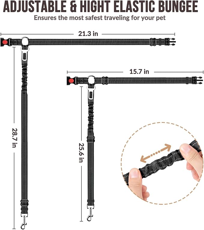 SlowTon Dog Seat Belt for Car, 2 Pack Dog Car Harness Seatbelt Adjustable with Elastic Bungee Buffer, 2 in 1 Pet Car Leash Headrest Restraint Dog Reflective Safety Tether (S, Black, Headrest+Clip)
