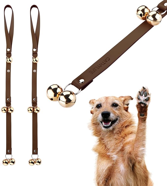 Leather Dog Doorbells for Door Knob/Potty Training/Go Outside, Length Adjustment Copper Dog Bell, Housetraining Hanging Bell, Dark Brown Leather Golden Bells - 2 Pack