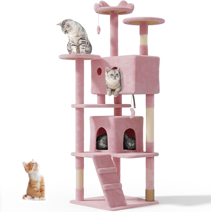 70'' Cat Tree Tower for Indoor Cats Large Adult,Cute/Tall Modern Cat Tree for Big Cats 20 lbs,Plush Multi-Level Cat Condo with Scratching Posts,Dangling Ball for Fun Play(Soft Pink, 70 inch)