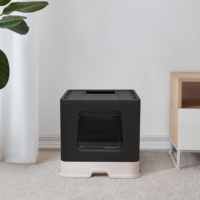 XL Foldable Cat Litter Box with Lid - Jumbo Enclosed Potty - Top Entry Anti-Splashing Toilet - Includes Scoop & 2-in-1 Cleaning Brush (Black)