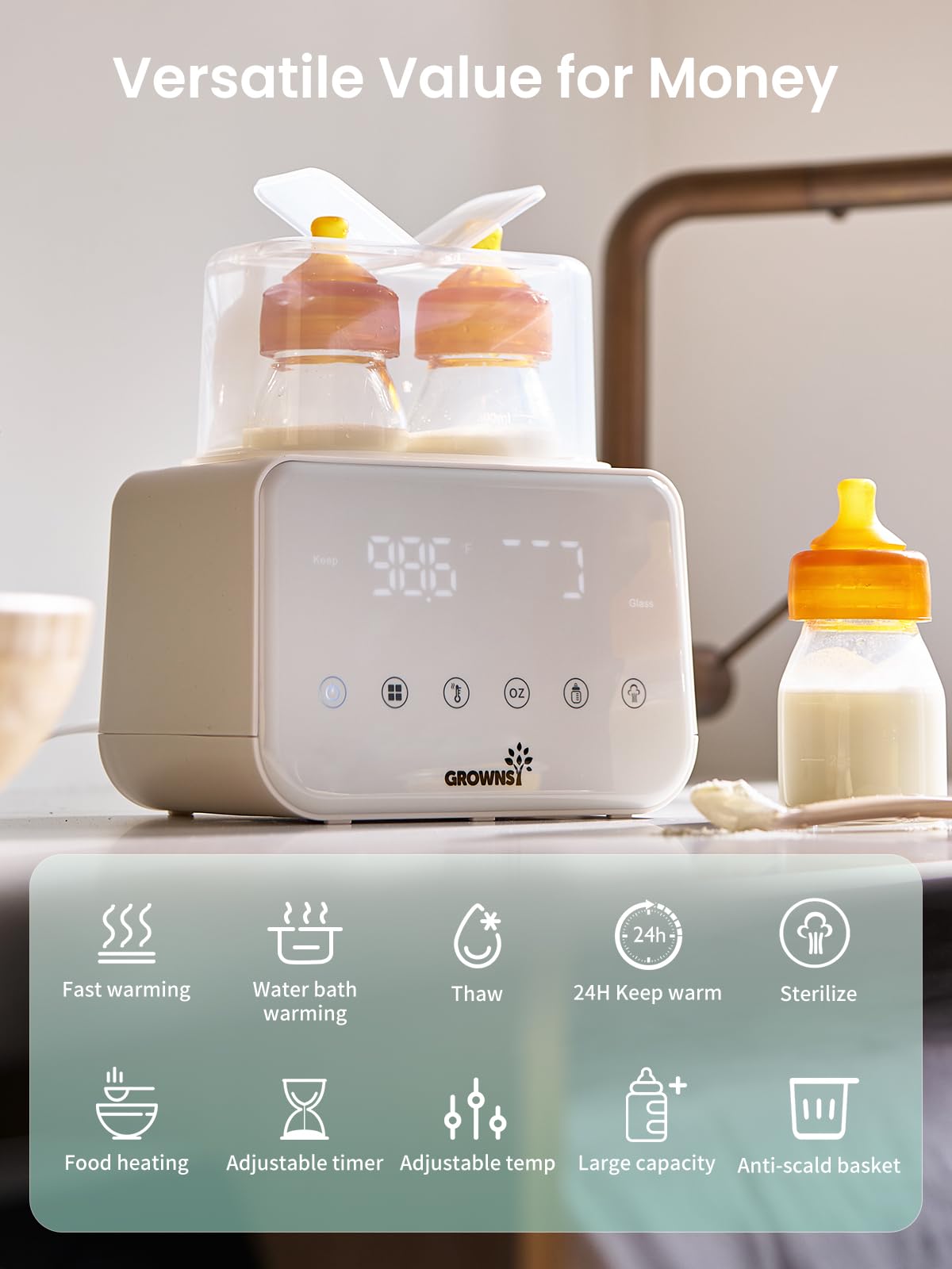Baby Bottle Warmer, Grownsy 8-in-1 Fast Milk Warmer with Timer Breastmilk or Formula, Fits 2 Bottles, Accurate Temperature Control, with Defrost, Sterili-zing, Keep, Heat Baby Food Jars Function