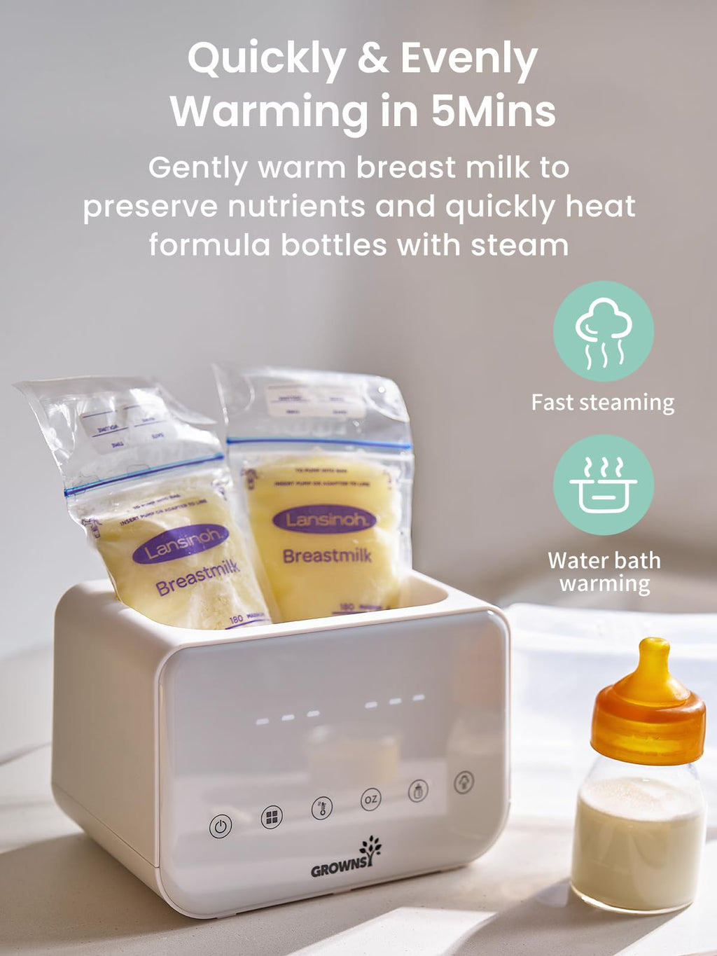 Baby Bottle Warmer, Grownsy 8-in-1 Fast Milk Warmer with Timer Breastmilk or Formula, Fits 2 Bottles, Accurate Temperature Control, with Defrost, Sterili-zing, Keep, Heat Baby Food Jars Function