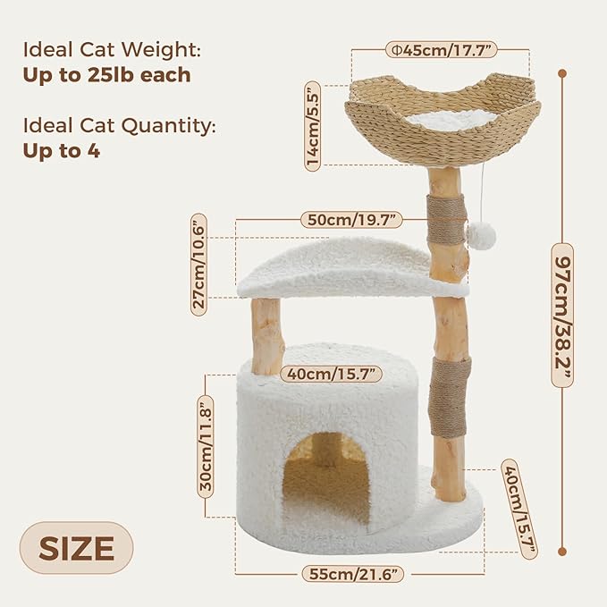 PAWZ Road Cat Tree for Indoor Cats Large Adults,38 Inches Modern Cat Tree Tower with Spacious Wicker Basket,Natural Solid Wood Scratching Posts,Curved Bed,Luxury Cat Condo for Large Cat