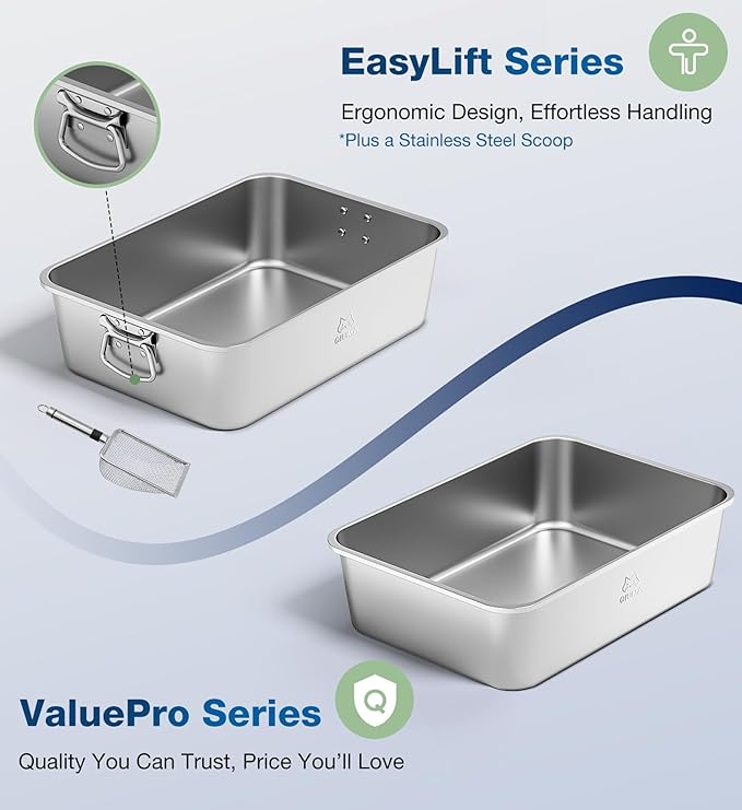 Stainless Steel Litter Box with Handle, Large Metal Cat Litter Box with High Sided for Big and Small Cats, Kitty Litter Boxes, Non-Stick, Easy to Clean, Odor-Free, Cat Toilet，Litterbox
