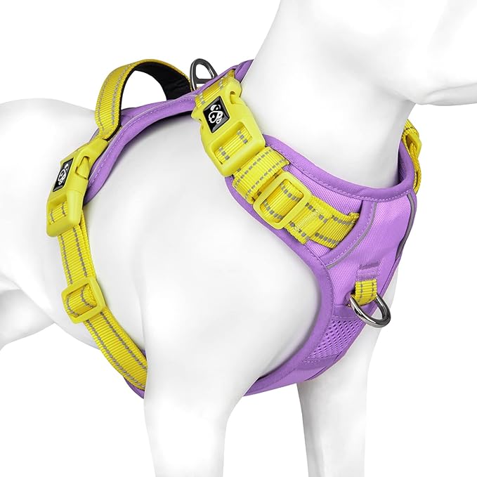 PHOEPET No Pull Dog Harness, Unique Colors Reflective Adjustable Dog Vest, with Soft Training Handle Metal Clips for Small Medium Large Dogs (Baby Purple Base & Yellow Straps,S)