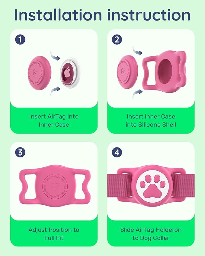 IP68 Waterpoof Dog Airtag Holder, Stretchy Silicone Full Body Covered Apple Air Tag Holder for Dog Cat Collar Fit All Width Collar (Pink/Rose, 2 Pack)
