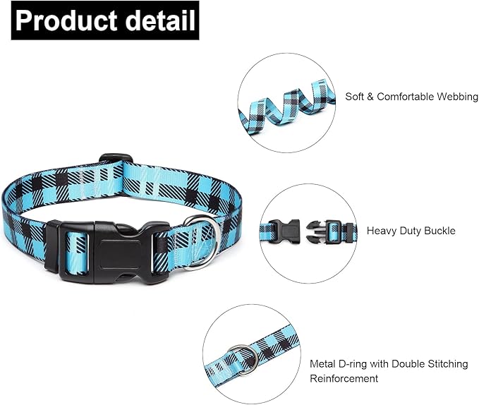 Mercano Adjustable Dog Collar - Special Design Patterns, Soft Nylon Comfortable Durable Pet Collar for Small Medium Large Dogs (S, Blue Plaid)