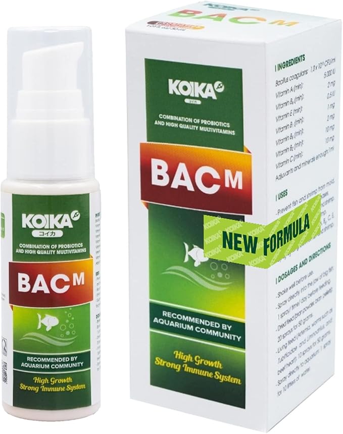 KOIKA BACM Natural Color Enhancement for Fish, Combination of Probiotic & Multi-Vitamins for Aquarium A, B6, B2, Pleasant Smell (BACM (New Formula), 30ml)
