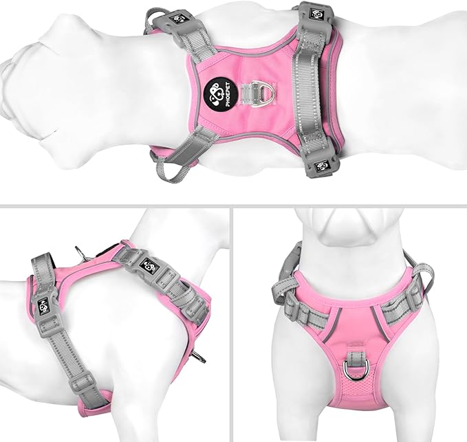 PHOEPET No Pull Dog Harness, Unique Colors Reflective Adjustable Dog Vest, with Soft Training Handle Metal Clips for Small Medium Large Dogs (Baby Pink Base & Grey Straps,L)