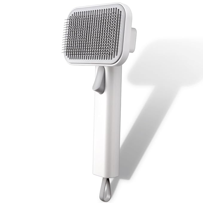 Self Cleaning Slicker Dog Cat Brush for Shedding - Deshedding Tool with Max Massage Tips, Grooming Brush for Short Medium Haired Cats & Dogs (White)