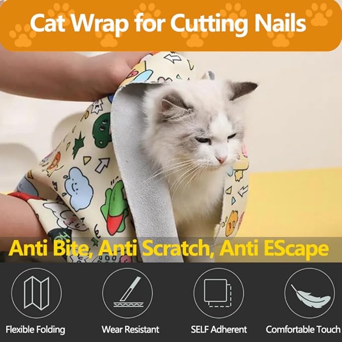 Magic Cat Wrap for Cutting Nails & Grooming, Self Adherent Fabric Wrap for Cats, Multi Functional Pet Grooming Towel Blanket, Wrap Snug and Groom for Cats, 21.7in, Under 11 Ibs