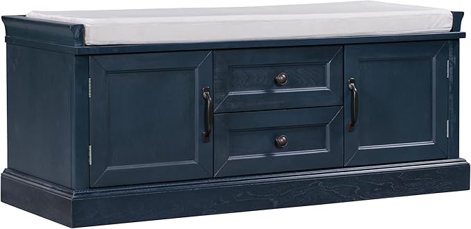 Storage Bench with 2 Drawers and 2 Cabinets, Pine Wood Shoe Bench with Removable Cushion for Living Room, Entryway 42.5" L x 15.9" W x 17.5" H (Antique Navy)