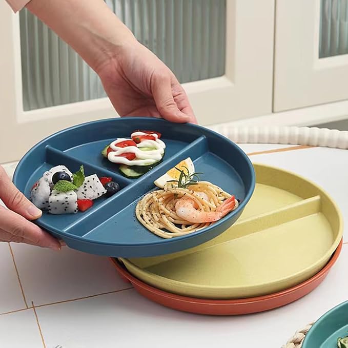 9" Unbreakable Divided Plates Set of 5, Wheat Straw Plate Reusable Dinnerware Portion Control Plate, Round Bariatric Plastic Plate for Kids Adults, BPA-free, Dishwasher Safe
