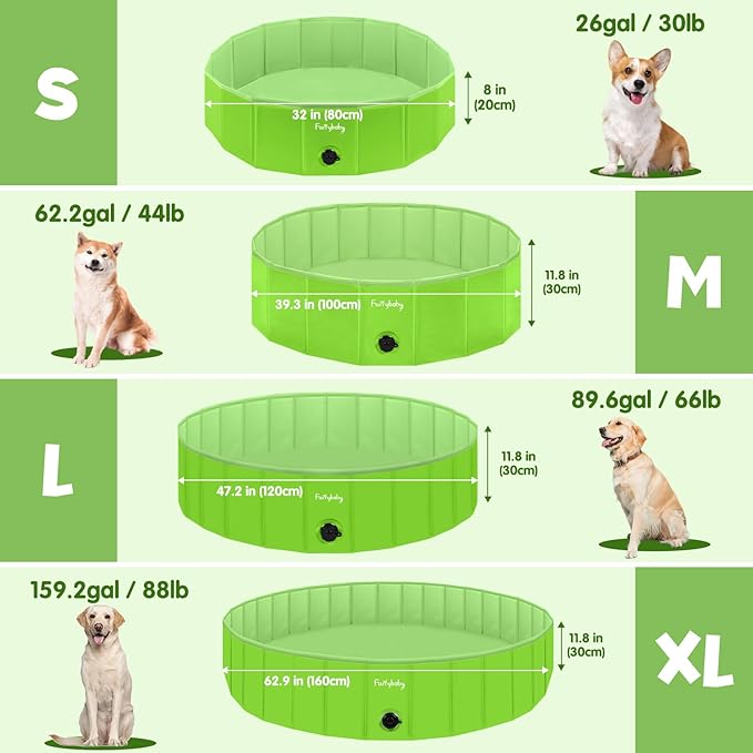 Furrybaby Dog Pool, Kiddie Pool with Hard Plate Collapsible Pet Bath Foldable Swimming Pet Pool Portable Green 32''