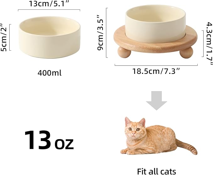 Ceramic Elevated Cat Food and Water Bowl, Kitty Bowl, Raised Cat Dish, Pet Feeder (5.1 in,1 x Beige + Stand)