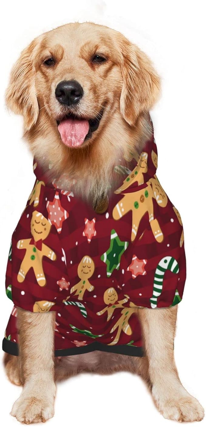 Christmas with Gingerbread Men, Candies Hoodie,Christmas Cosplay Dog Clothes with Pocket and Hat Winter Clothes Sweaters Small