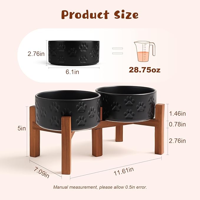 SPUNKYJUNKY Ceramic Elevated Dog Bowl Set with Acacia Wood Stand for Food and Water for Small Medium Sized Dogs (28.74 OZ, Black, Dog Paw Pattern)