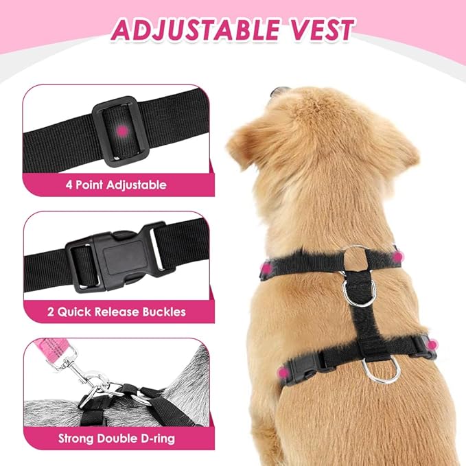 Lukovee Dog Seat Belt for Car, Adjustable Dog Car Harness for Large Medium Small Dogs, Soft Padded & Breathable Mesh Dog Seatbelt with Car Strap and Carabiner(Pink Double Clip,Medium)