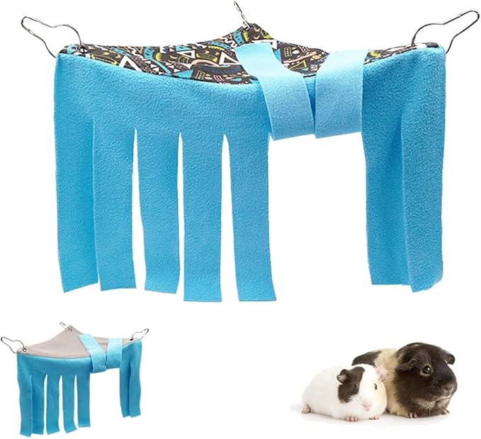 RIOUSSI Guinea Pig Hideout Hideaway Corner Fleece Toys Cage Accessories with Reversible Sides, Geo/Gray+Blue x 1 Curtain