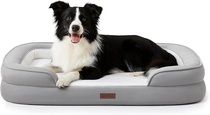 Soft Touch Orthopedic Dog Bed for Large Dogs with Faux Fur Top, Waterproof Pet Couch Bed with Removable Washable Cover and Supportive Foam Filling (Grey, Large)