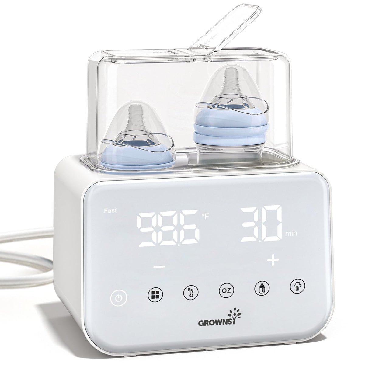 Baby Bottle Warmer, Grownsy 8-in-1 Fast Milk Warmer with Timer Breastmilk or Formula, Fits 2 Bottles, Accurate Temperature Control, with Defrost, Sterili-zing, Keep, Heat Baby Food Jars Function