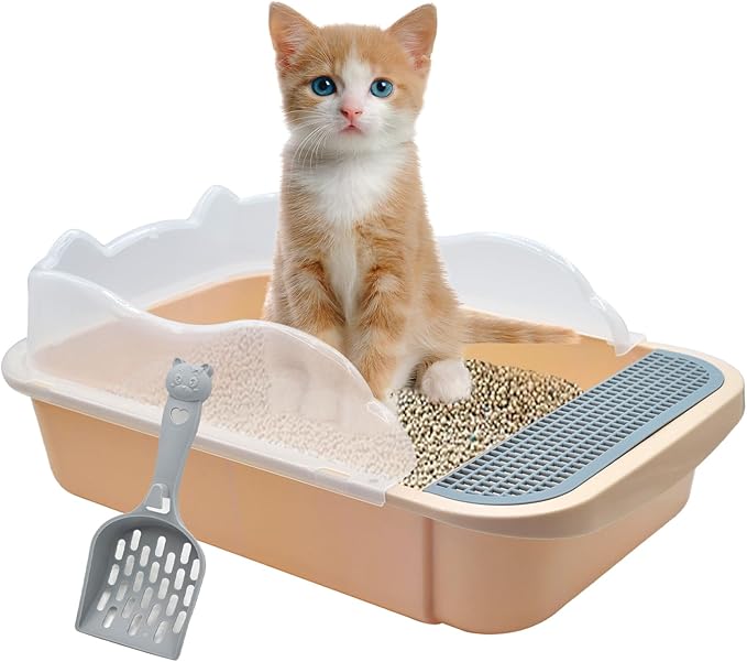 Open Cat Litter Box with High Side,Anti-Splashing Cats Litters Pan,Kitten Toilet with Litter Sifting Scoop,Semi-Enclosed Removable Kittens Litter for Boxes Easy to Clean No Odork(Khaki)