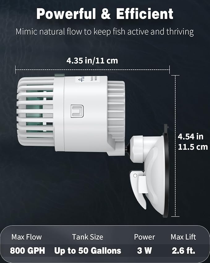 Pawfly Wave Maker for Aquarium, 800 GPH 3W Aquarium Powerhead, Quiet Submersible Wavemaker for Fish Tanks up to 50 Gallons, Water Circulation Pump with Strong Suction Cup Base