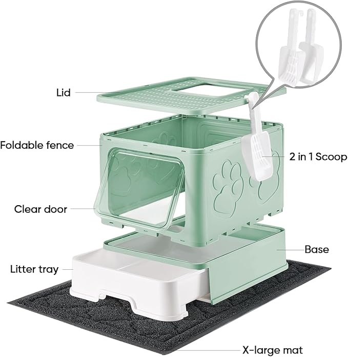 Cat Litter Box with X-Large Litter Mat and Scoop, Large Foldable Litter Box with Lid, Enclosed Kitty Box,Front Top Entry Exit, Odor Control Easy to Clean (Upgrade Green)