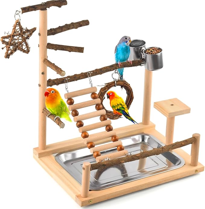 KATUMO Bird Playground - Natural Wooden Perches Parakeet Ladder Conure Swing Bird Cage Accessories with Removable Tray & 2 Stainless Steel Cups