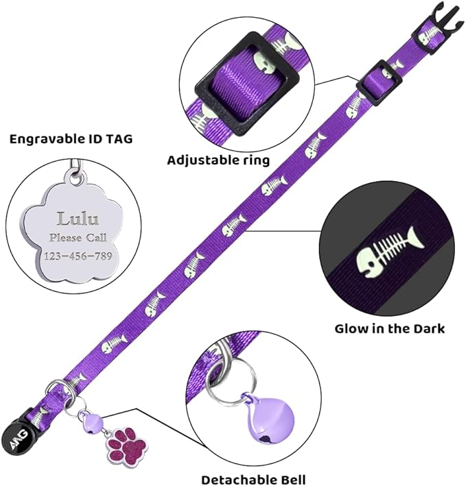 Personalized Breakaway Cat Collars Glow-in-The-Dark with ID Tag, Bell - Safety Quick - Release, Customizable for Female Male Kittens & Cats (Purple)