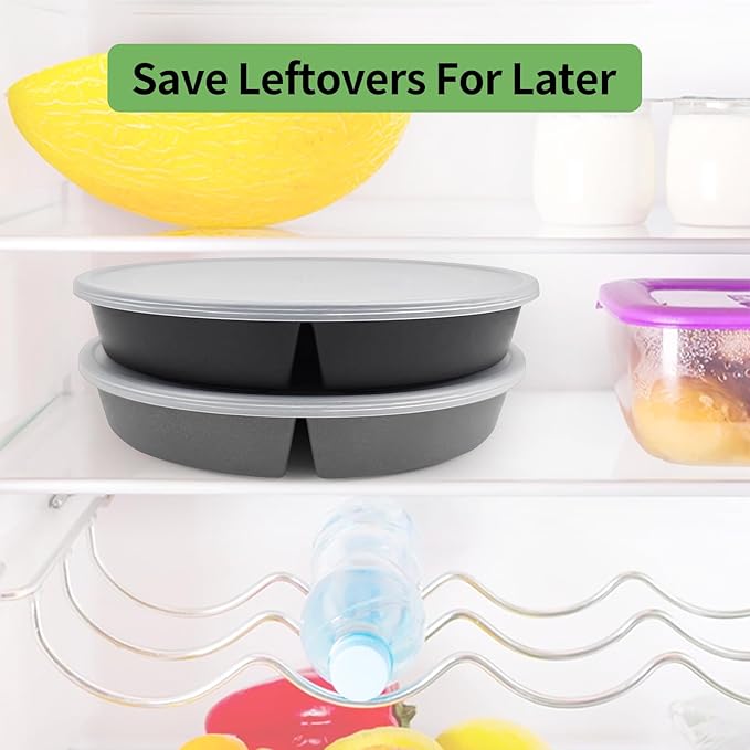 greenandlife 9 Inch 4PCS Divided Plates with Lids, Portion Control Plates for Kids Adults, Dishwasher Microwave Safe Compartment Plate, Unbreakable Lightweight Reusable Wheat Straw Plate, Grey Black