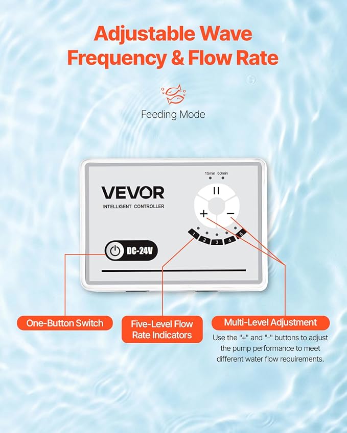 VEVOR Aquarium 24V DC Water Pump, 30W, 800 GPH Marine Wavemaker Return Pump with Controller, Adjustable Flow, Feed Mode, 11.5 ft Maximum Lift, for Saltwater Freshwater Fish Tank Sump Pond Circulation