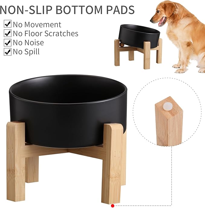 Black Elevated/Raised 15°Tilted Anti Slip Ceramic Dog Bowl for Small/Medium Breeds,Slanted Bulldog Big Face Pet Food Water Feeding Dish with Stand for Cats and Dogs (3.6 Cups/28 OZ)