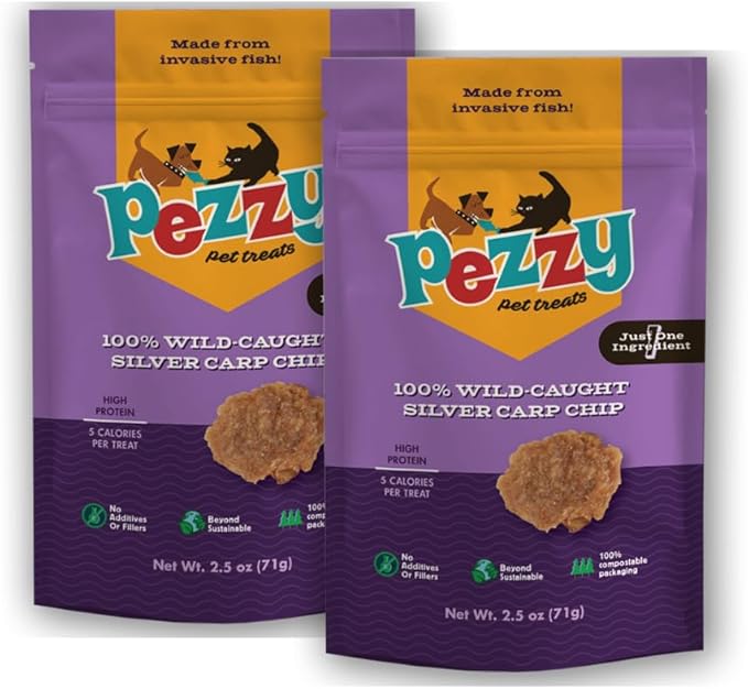 Silver Carp Chips Dog & Cat Treats | Single Ingredient | Wild Caught | Made w/Invasive Fish | Grain Free | High Protein + Low Fat | Hypoallergenic | Made in The USA (2 Pack)