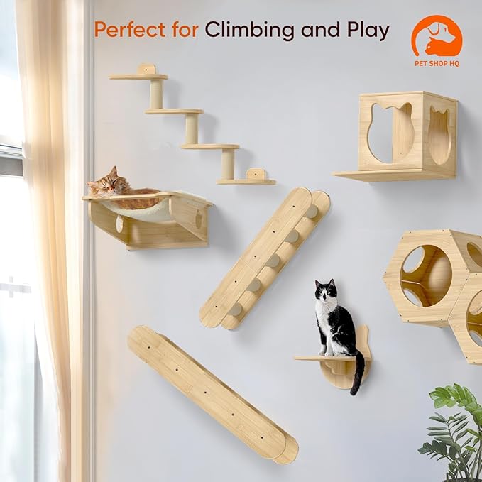 Wall-Mounted Cat Furniture for Climbing - Indoor Wooden Floating Shelves, Perches, Hammock, Bed, Bridges, and Walkways