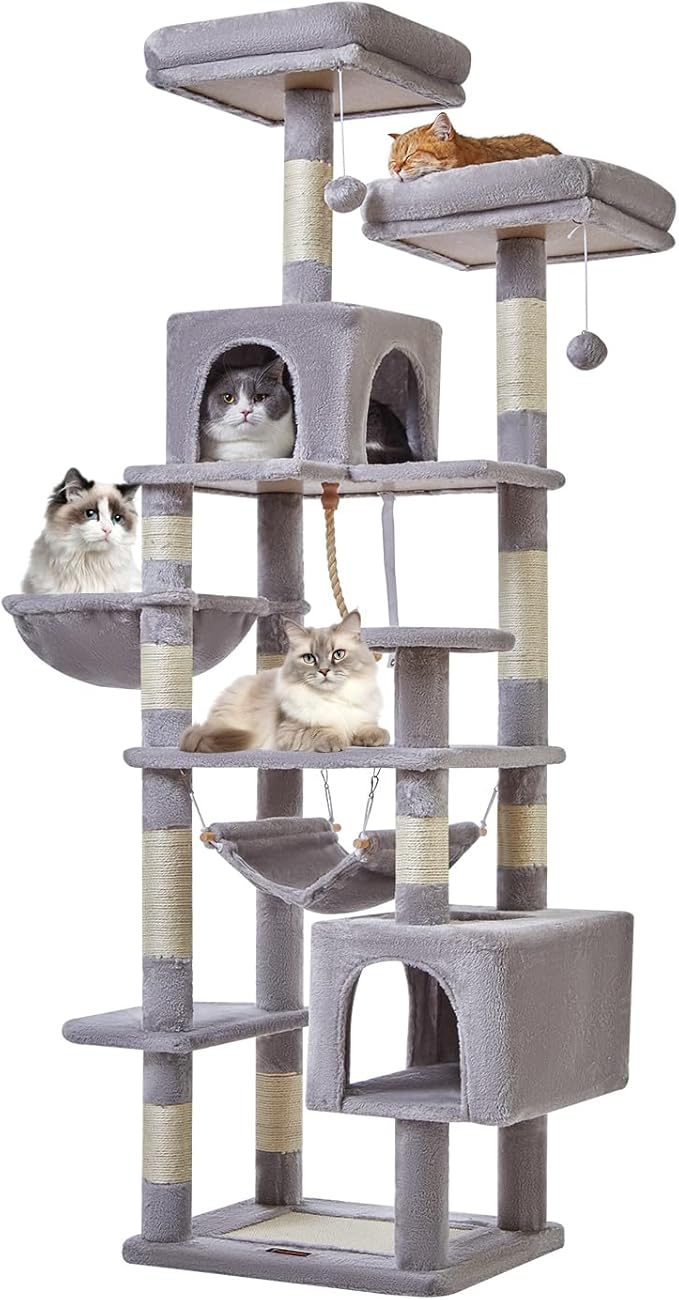 Taoqimiao Cat Tree, 71-Inch Cat Tree Cat Tower for Indoor Cats, Plush Multi-Level Cat Condo with 10 Scratching Posts, 2 Perches,Basket, 2 Caves,Hammock, 2 Pompoms,MS020W Light Gray