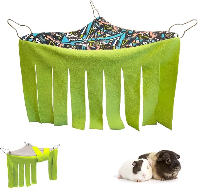 RIOUSSI Guinea Pig Hideout Hideaway Corner Fleece Toys Cage Accessories with Reversible Sides, Geo/Gray-Green