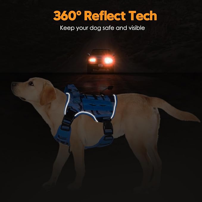 Heavy-Duty Tactical Dog Harness for Large Dogs, No Pull Adjustable Reflective Pet Vest with Molle System, K9 Military-Grade Control for Service Training, Outdoor & 10+ Breeds, Blue Camo, Small