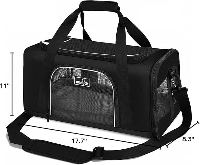 TSA Approved Pet Carrier for Small Medium Cats and Dogs | Dog Carrier with Adequate Ventilation | 4 Mesh Windows, 3 Entrance, Locking Safety Zippers, Padded Shoulder Strap, Black