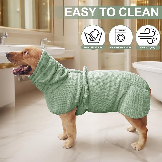 Medium to Large Size Dog Bathrobe, Quick Drying Super Absorbent Used for After Bathing, Warm Dog Towels, Adjustable Hoodies and Belts for Pet Dogs Bath Clothes Products(Green Jacquard, 5XL)