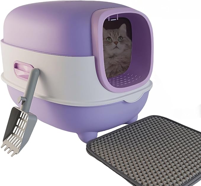Large Cat Litter Box with Cat Litter Scoop, Foldable Litter Box with Lid, Front Entry and Exit Leak-Proof Litter Cat Box, Odor Control, Easy to Clean (Purple)
