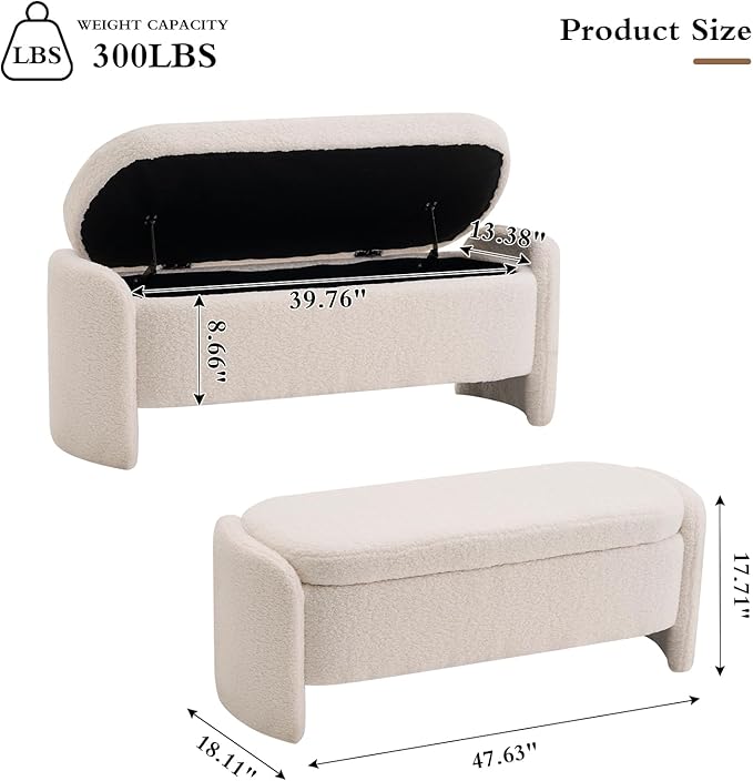 47.6 Inch Lamb Fleece Oval Storage Bench Upholstered Ottoman Bench with Storage, Bedroom Bench with Large Storage Space, for Bedroom Living Room Entryway, Beige