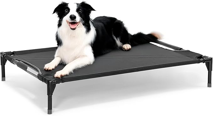 Petsfit Elevated Raised Outdoor Dog Bed - Cooling Elevated Dog Cot, Upgraded Adjustable Firmness Pet Bed，Pet Hammock Bed with Chew Proof Breathable Teslin Mesh，Non Slip, Black 42”