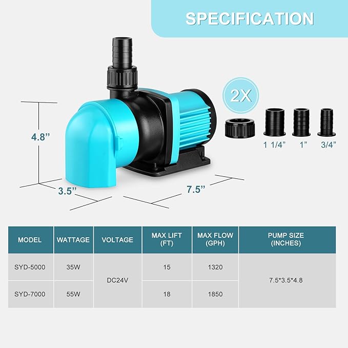 1850GPH Aquarium Return pump with LCD display controller, 55W DC 24V aquarium pump for saltwater freshwater aquarium,fish tank,sump,20 speeds ECO Quiet Submersible and inline pump.